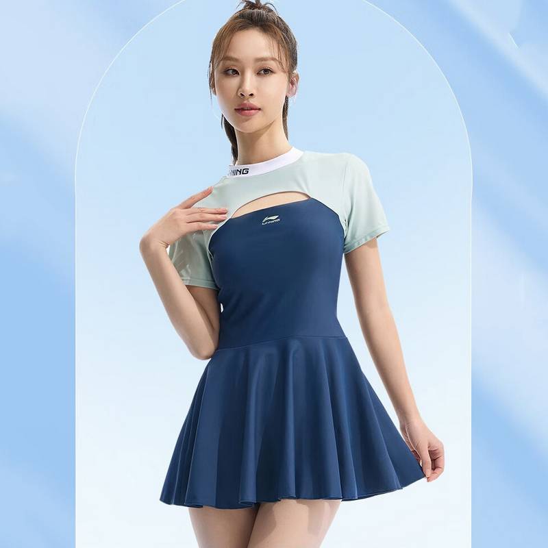 女连体裙式游泳衣保守遮肚显瘦泡温泉泳装