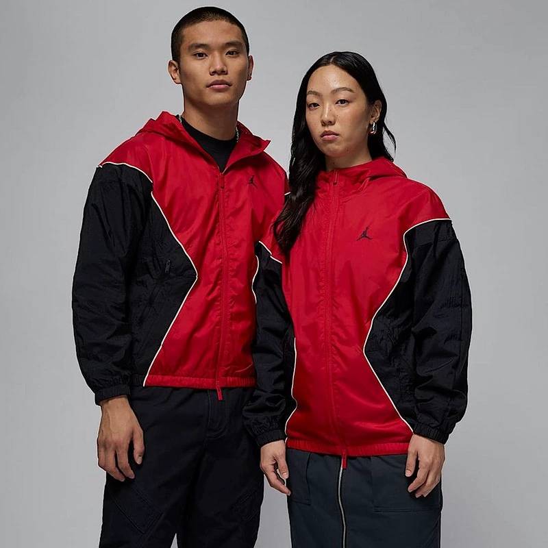 男子连帽夹克黑红拼接网眼轻便外套HF9334-636